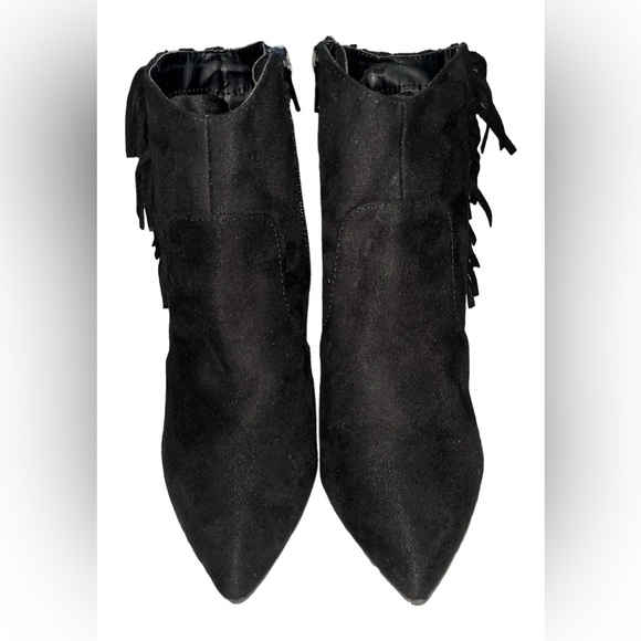 Black Suede Fringe Heel Ankle Bootie - Picture 4 of 8